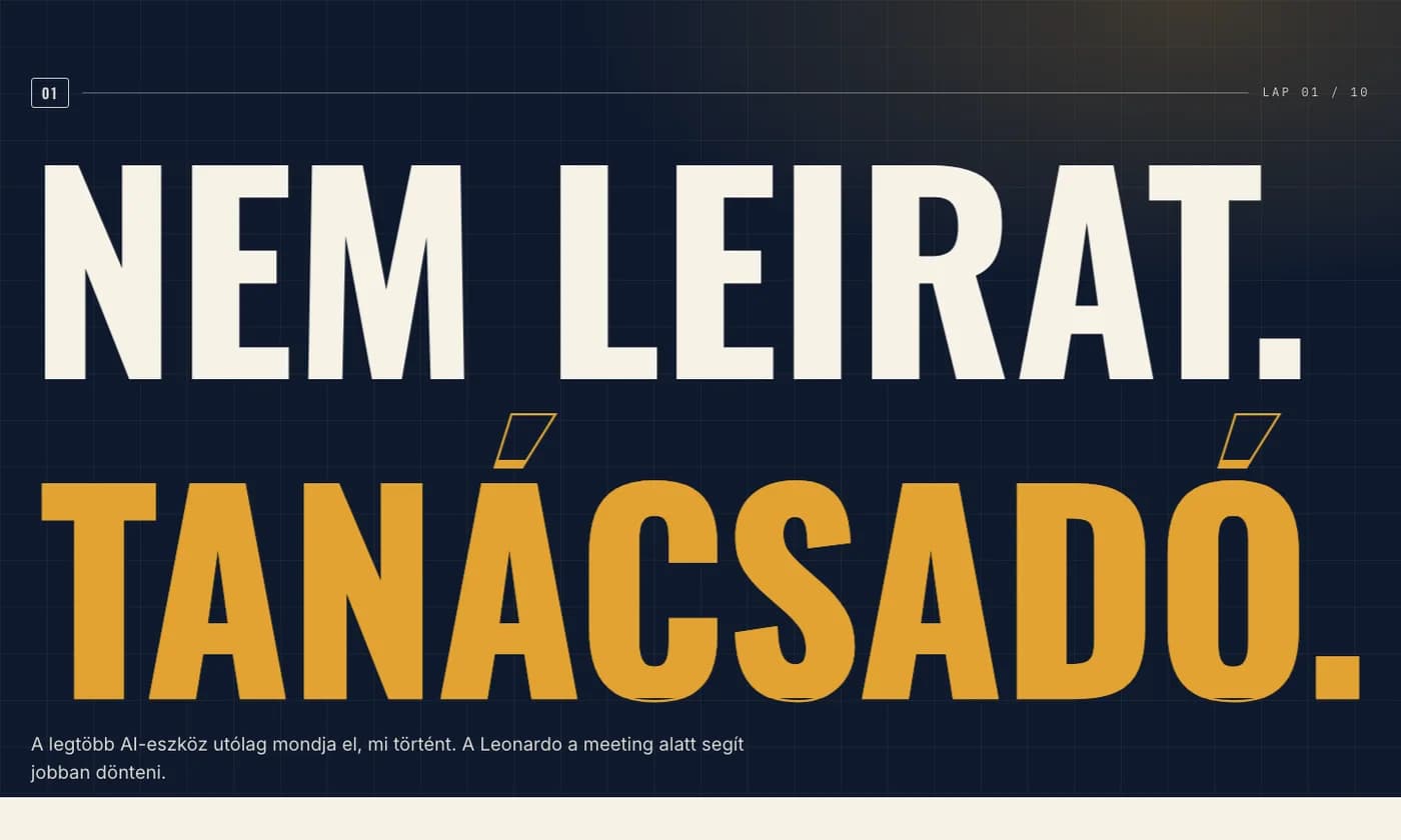 Teljes szélességű óriás címsorsáv sötét háttéren: „Nem leirat. Tanácsadó.”