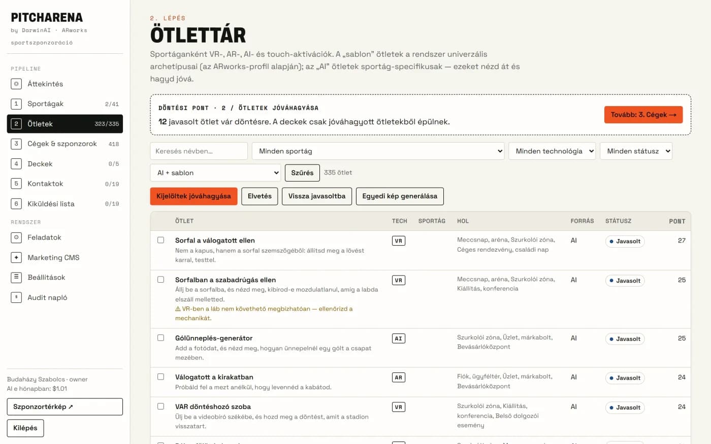 Ötlettár VR-, AR- és AI-ötletekkel, jóváhagyásra