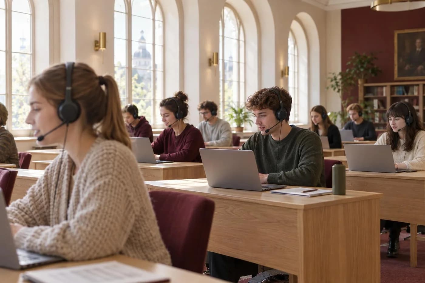 Világos szemináriumi terem, sorokban ülő hallgatók mikrofonos fejhallgatóval, mindenki a saját laptopja előtt felel