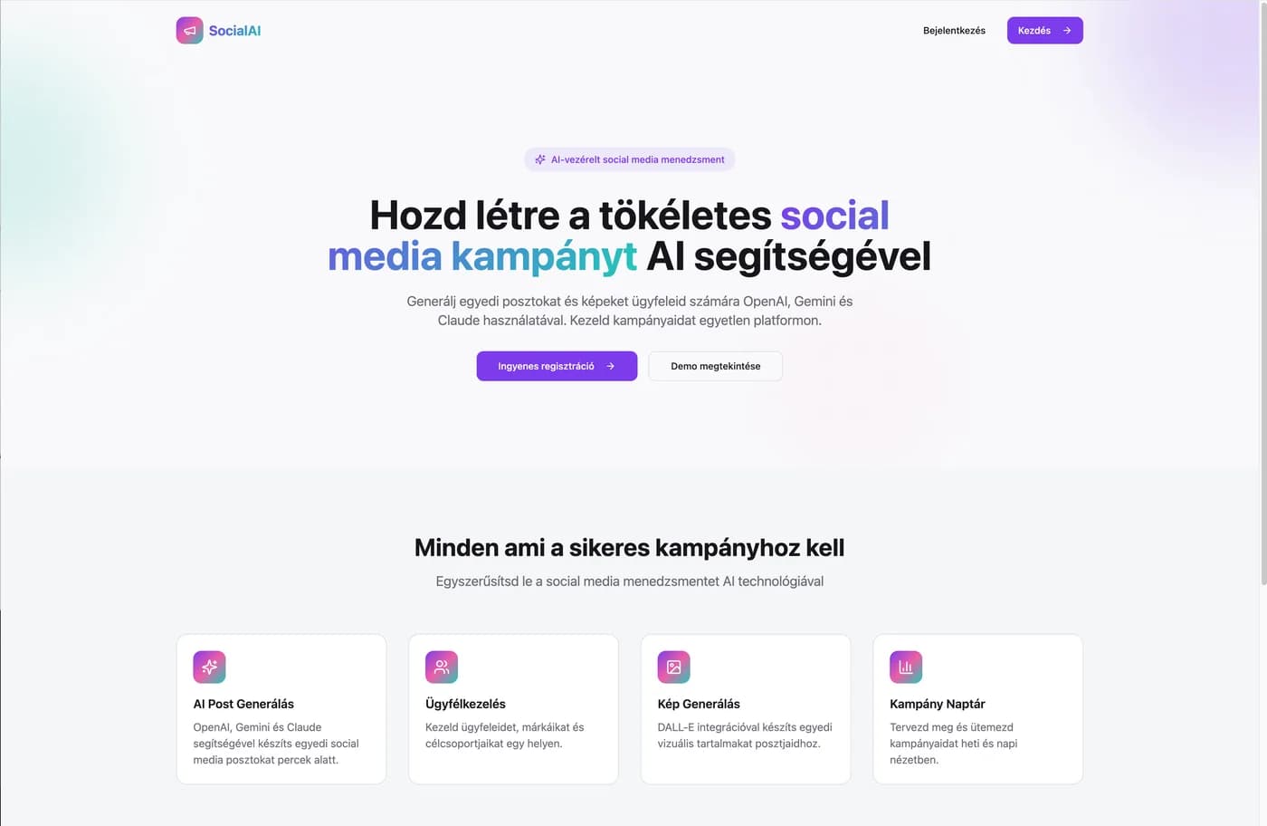 SocialAI – AI-vezérelt social media kampánykezelő platform