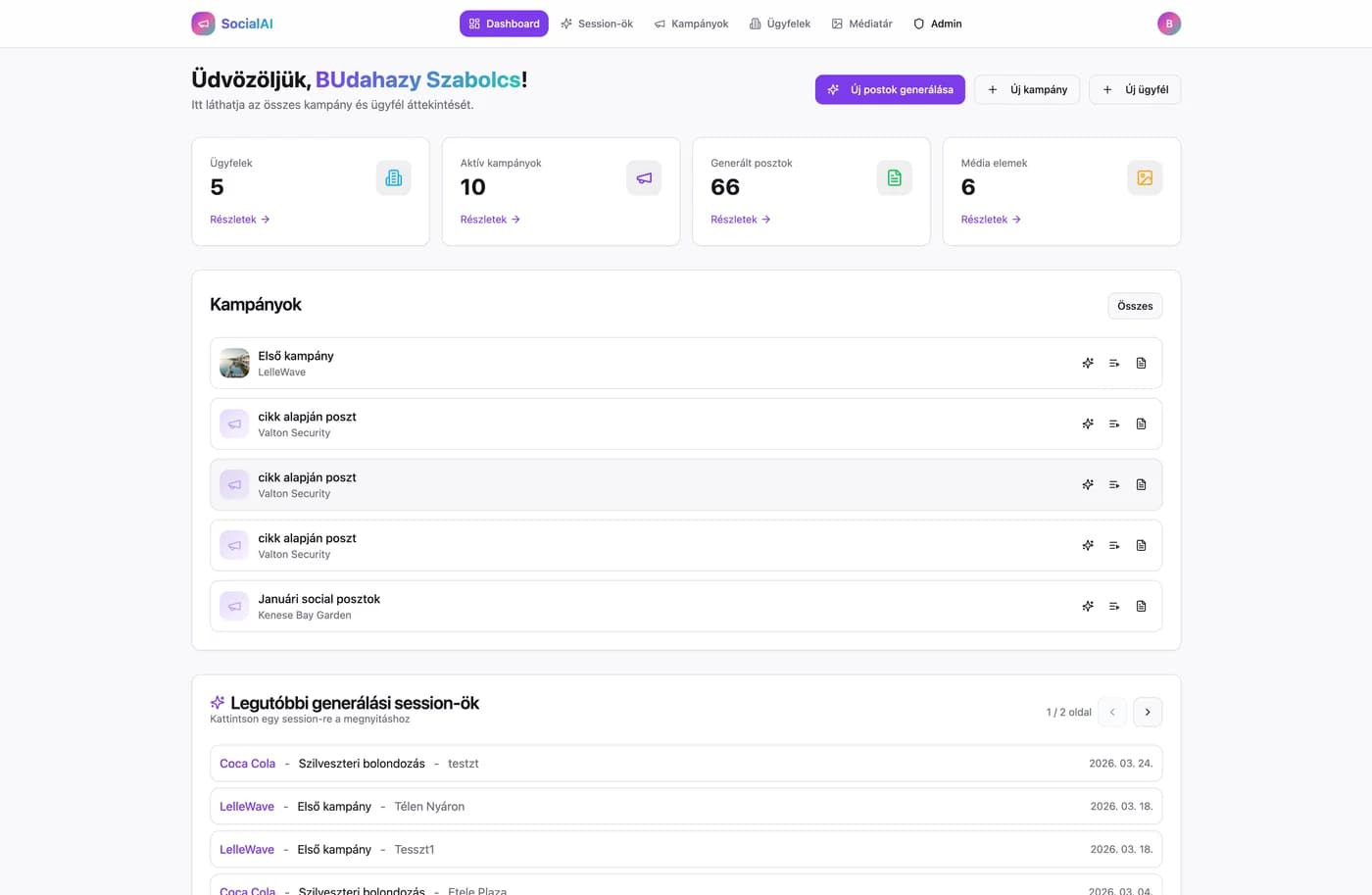 SocialAI – AI-vezérelt social media kampánykezelő platform – képernyőkép 1