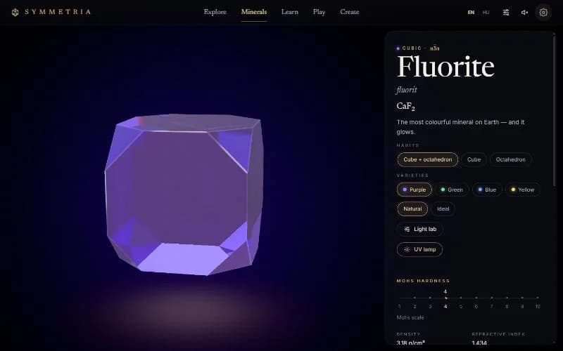 Fluorit 3D modellje, habitus- és színváltozat-választóval